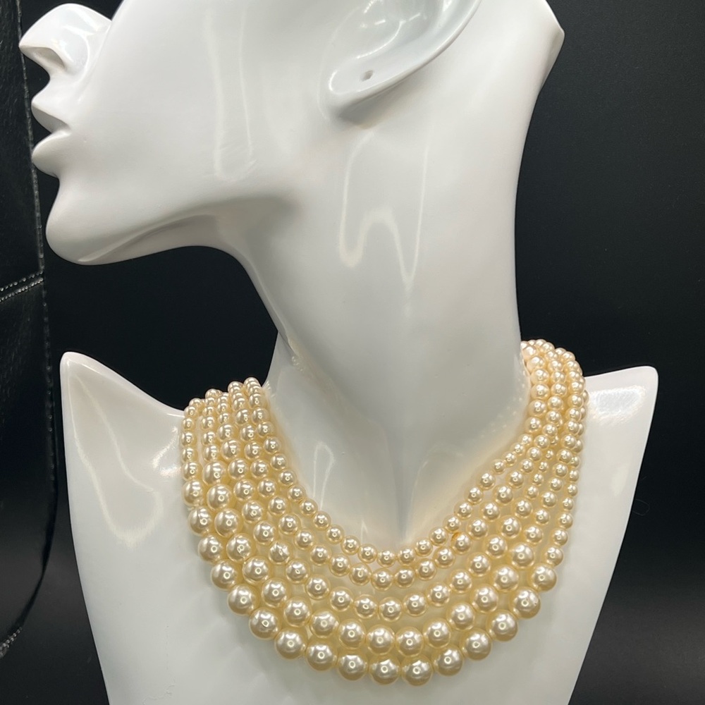 5 Strand Faux Pearl Necklace, Cream, approx 14 inches, Vintage